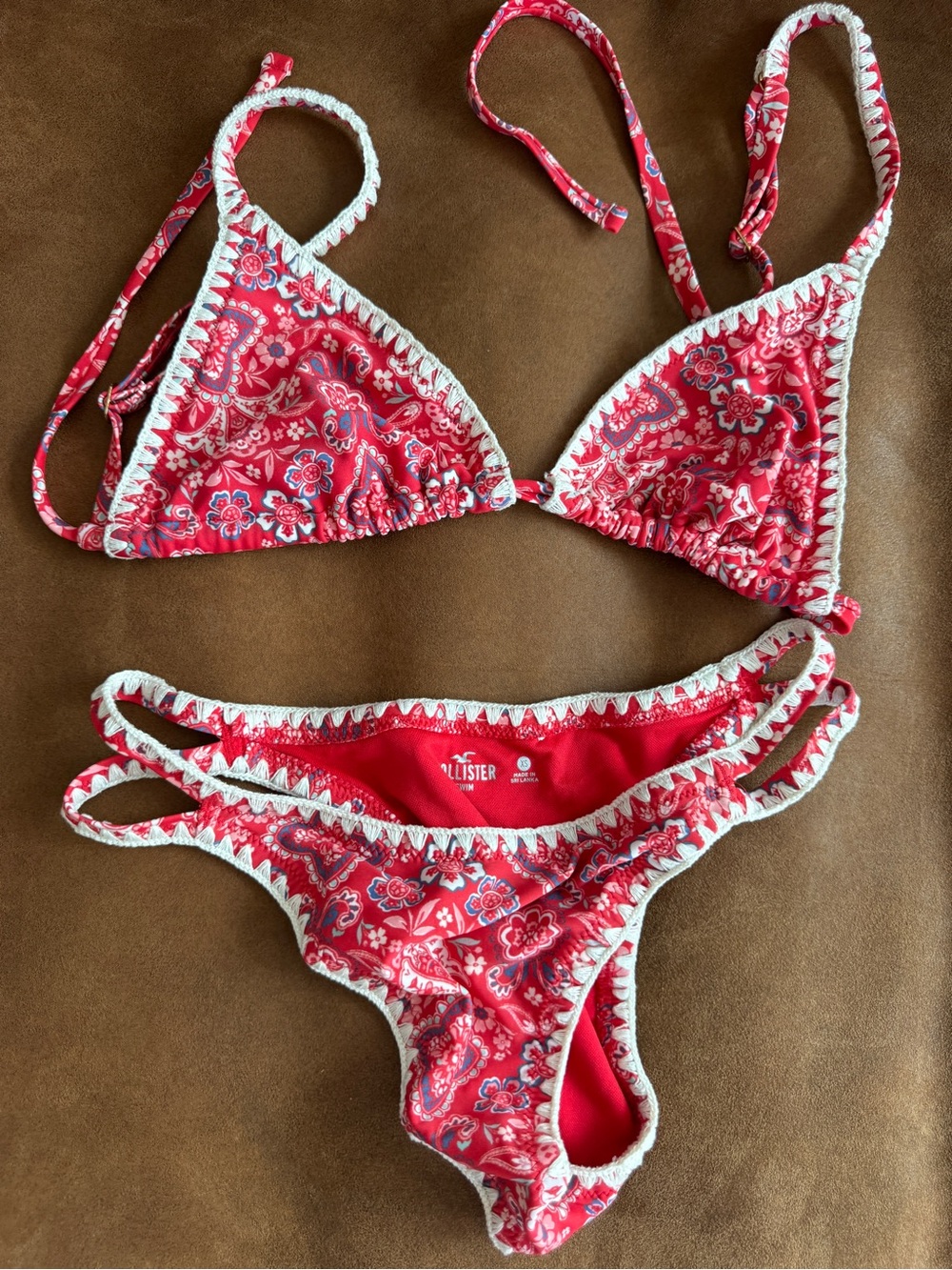 Hollister Red Paisley Crochet-Trim Triangle Bikini